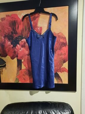 Sexy Blue Satiny Nightgowm with Polka Dot Accents Bow Lingerie